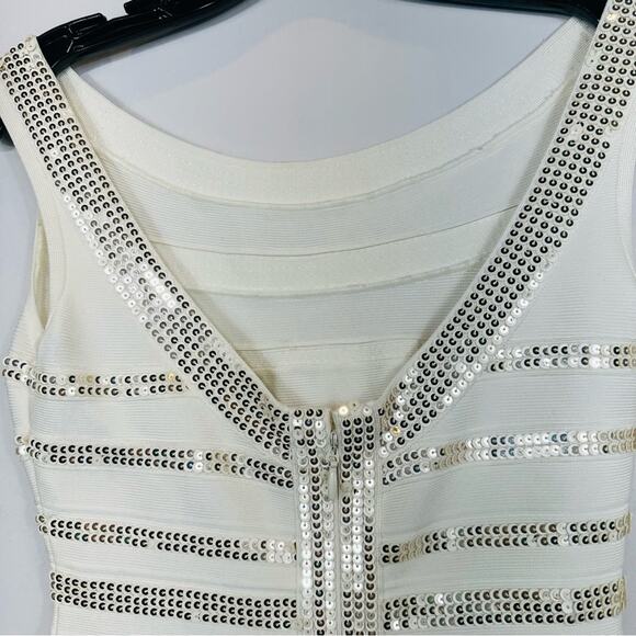 Herve Leger Fatima Gold Sequin Striped Bandage Dress White Alabaster Combo Small - Picture 8 of 16